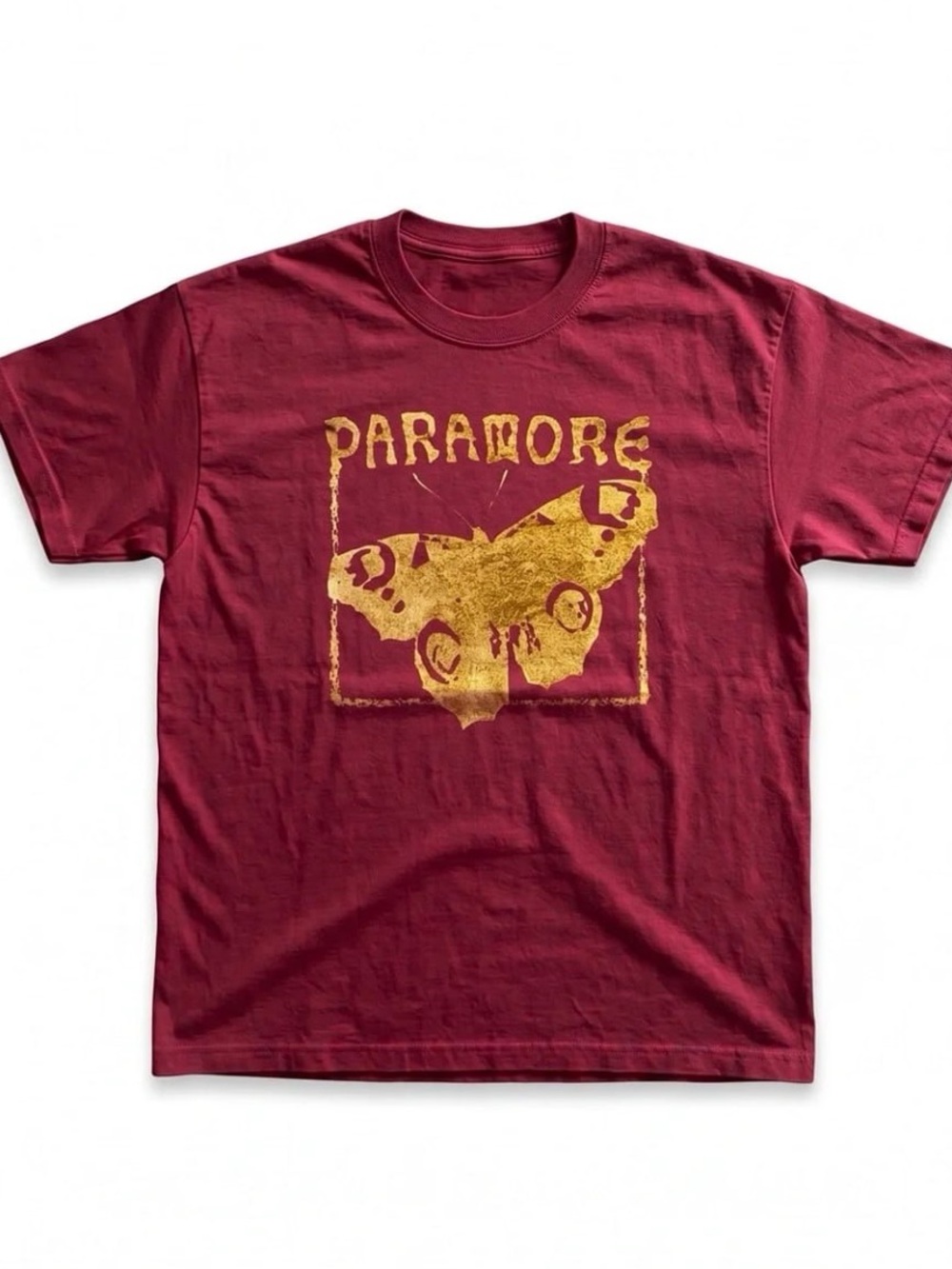 Red Tee with Gold Moth Paramore Graphic